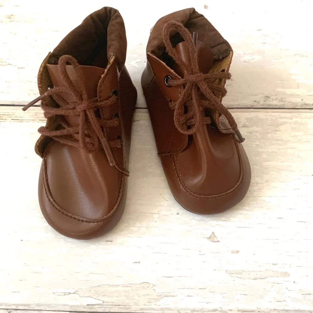 Vintage Leather Baby Bootie Soft Sole Shoes Brown Lace Tie Size 1 NB Newborn